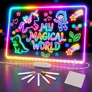 16-Inch TAEMVV LED Kids Drawing Board – Rechargeable Clear Light-Up Dry Erase Board with 8 Colors, 3 Dynamic Modes, 6-Level Dimmer, 15H Battery, Built-in Stand & All-in-One Kit | 7 Colors 4 Dynamic Modes, Plug-in powered, Glow Light Up Note Board Toys
