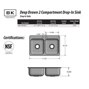 BK Resources NSF Commercial 2 Compartment Drop in Sink – 30 Inches, Stainless Steel, Silver, Model DDI2-14161024