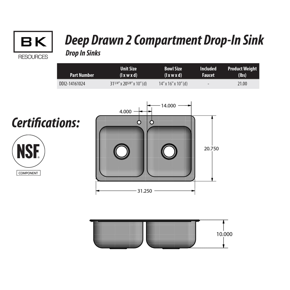 BK Resources NSF Commercial 2 Compartment Drop in Sink – 30 Inches, Stainless Steel, Silver, Model DDI2-14161024