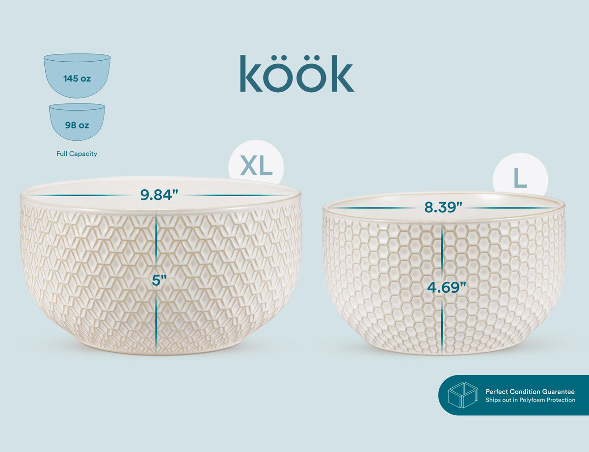 KooK Ceramic Nesting Bowls, Embossed Stoneware, Set of 4, Ivory