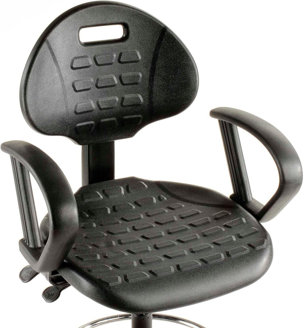 5-Way Adjustable Ergonomic Stool with Loop Armrests Black by Global Industrial – 18.5"W x 18"D x 13"H, Polyurethane, Black, Model A203TMX+19C2ARM