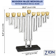 Zion Judaica Nickel Plated Maze Menorah, Silver And Gold With Marble Decal