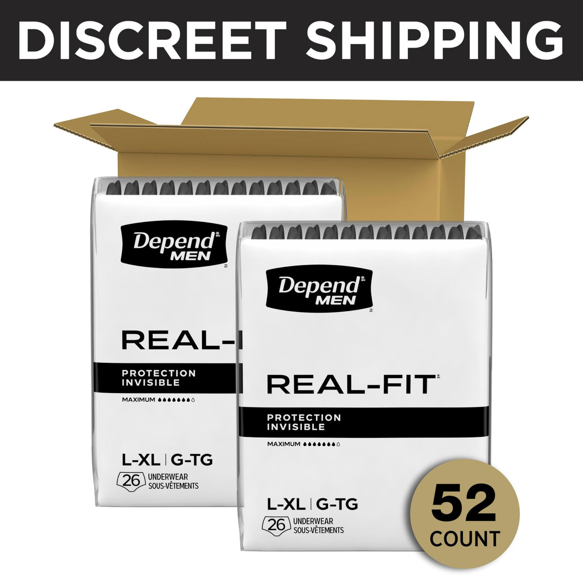 Real Fit Incontinence Underwear for Men by Depend – Large/X-Large, Polypropylene, Black, Pack of 2, Model 10036000465805