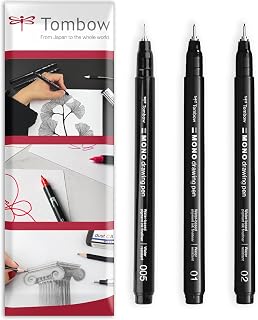 Tombow MONO Drawing Pen Fineliner - Water and Light Resistant - 0.05/0.1/0.2mm - Black Ink - Pack of 3 In Envelope Gift Packaging