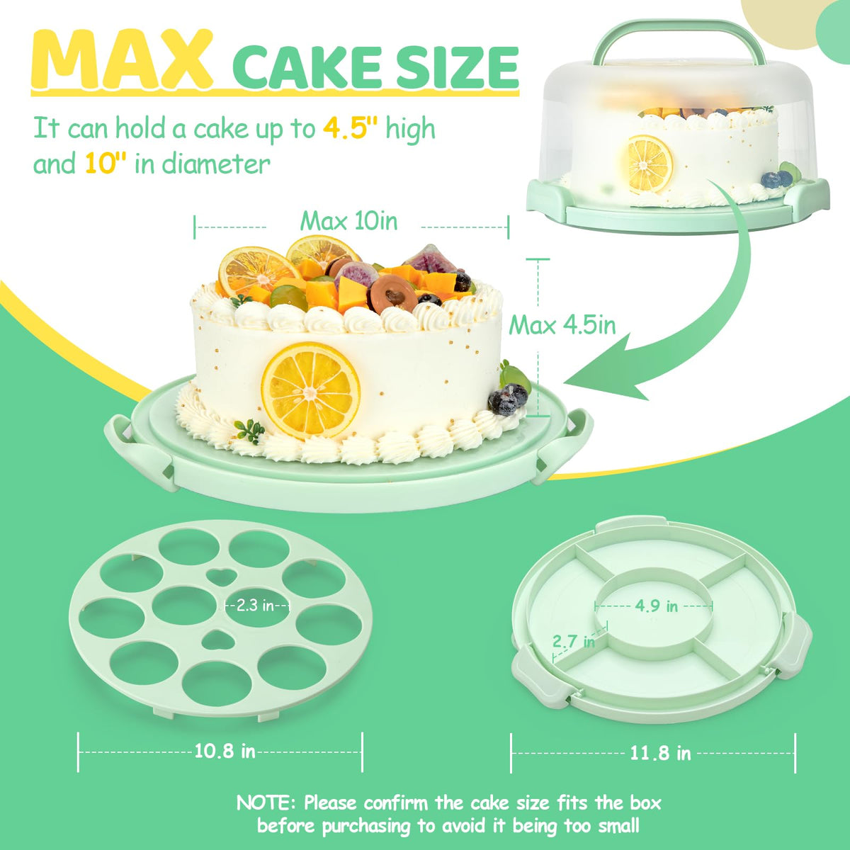 Ohuhu Cake Carrier with Lid, 12 Inch Diameter, Green