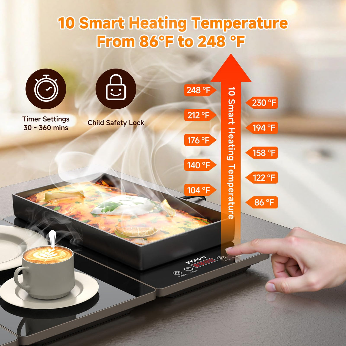 FEPPO Electric Warming Tray, 33x15 Inch Glass Surface, Black and Gray