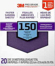 3M Pro Grade Precision Faster Sanding Sheets, 150 Grit, 11 x 9 in (20 Pack) | with NO-SLIP GRIP Durable Backing helps reduce hand fatigue & tearing when sanding