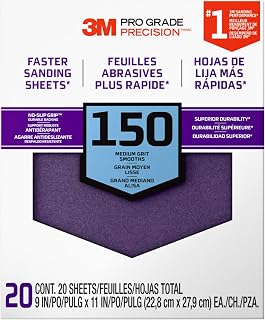 3M Pro Grade Precision Faster Sanding Sheets, 150 Grit, 11 x 9 in (20 Pack) | with NO-SLIP GRIP Durable Backing helps reduce hand fatigue & tearing when sanding