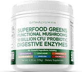 OPTIMAL HUMAN Superfood Greens Powder,90+ Ingredients, Lion's Mane, 6.28 oz | 90+ superfood greens with lion's mane, ashwagandha, turmeric & probiotics for energy, gut & focus, non-GMO sachets