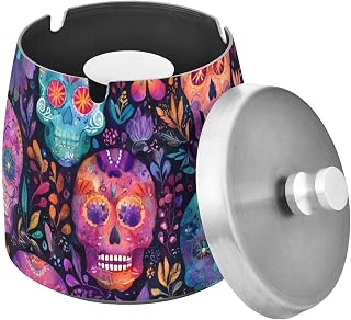 Colorful Skull Pattern Splash Ashtray with Lid, Outdoor Ashtrays for Patio
