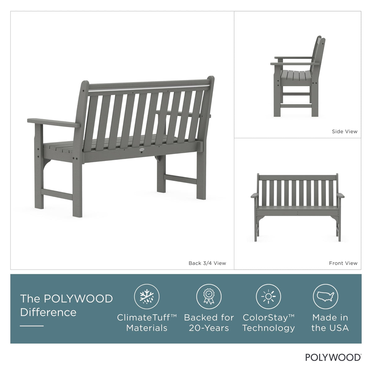 Vineyard 48" Bench by Polywood – 48", Synthetic Wood, Slate Grey, Model GNB48GY