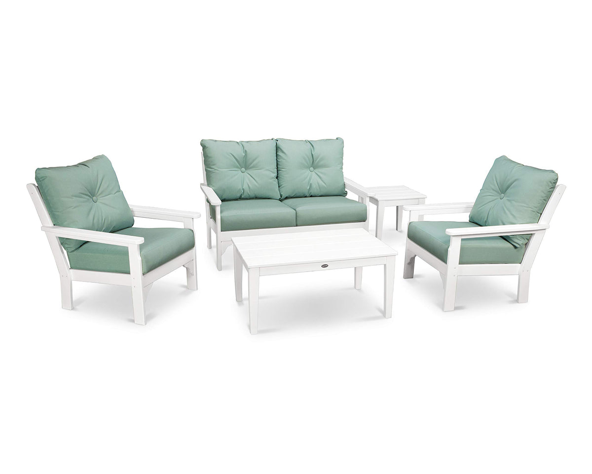 ® Vineyard 5-Piece Deep Seating Set in White/Spa by Polywood – High Density Polyethylene, White / Spa, Model PWS332-2-WH5413