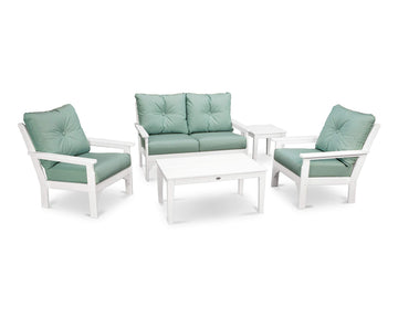 ® Vineyard 5-Piece Deep Seating Set in White/Spa by Polywood – High Density Polyethylene, White / Spa, Model PWS332-2-WH5413