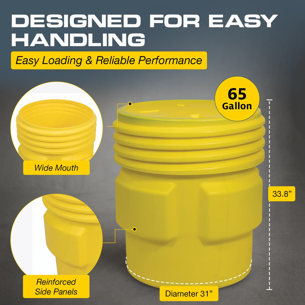 Plastic Drum by Eagle – 65 Gallon, 65.0 gallons, Plastic, Yellow, Model 1661