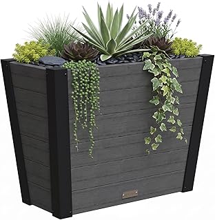 Mayne Vista 30in Rectangular Trough Planter, Charcoal | All season, Fade resistant, Woodgrain finish, Built-in overflow, 10-year warranty