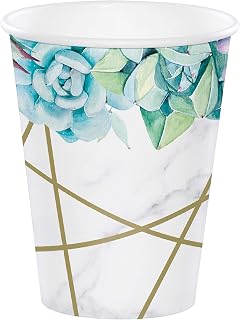 Creative Converting Geometric Succulents Paper Cups, 12 ounces, Gray, White and Gold