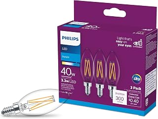 PHILIPS LED Clear Non-Dimmable B11 Light Bulb - EyeComfort Flicker Free - 3.3W = 40W - 300 Lumen - Daylight (5000K) - E26 Base - Indoor - Title 20 - Pack of 3