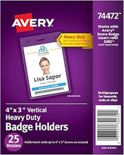 Avery Heavy Duty Badge Holders,4" x 3",25 Vertical ID Badge Holders (74472),(Pack of 12)