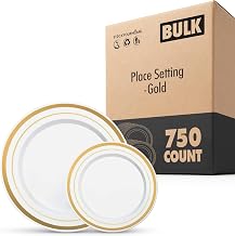 750-Piece White and Gold Fancy Plastic Plates Disposable with Silverware, Elegant Dinnerware for Weddings, Holiday Party China, Set of 150 Dinner + Salad Plates, 150 Spoons, 150 Forks, 150 Knives