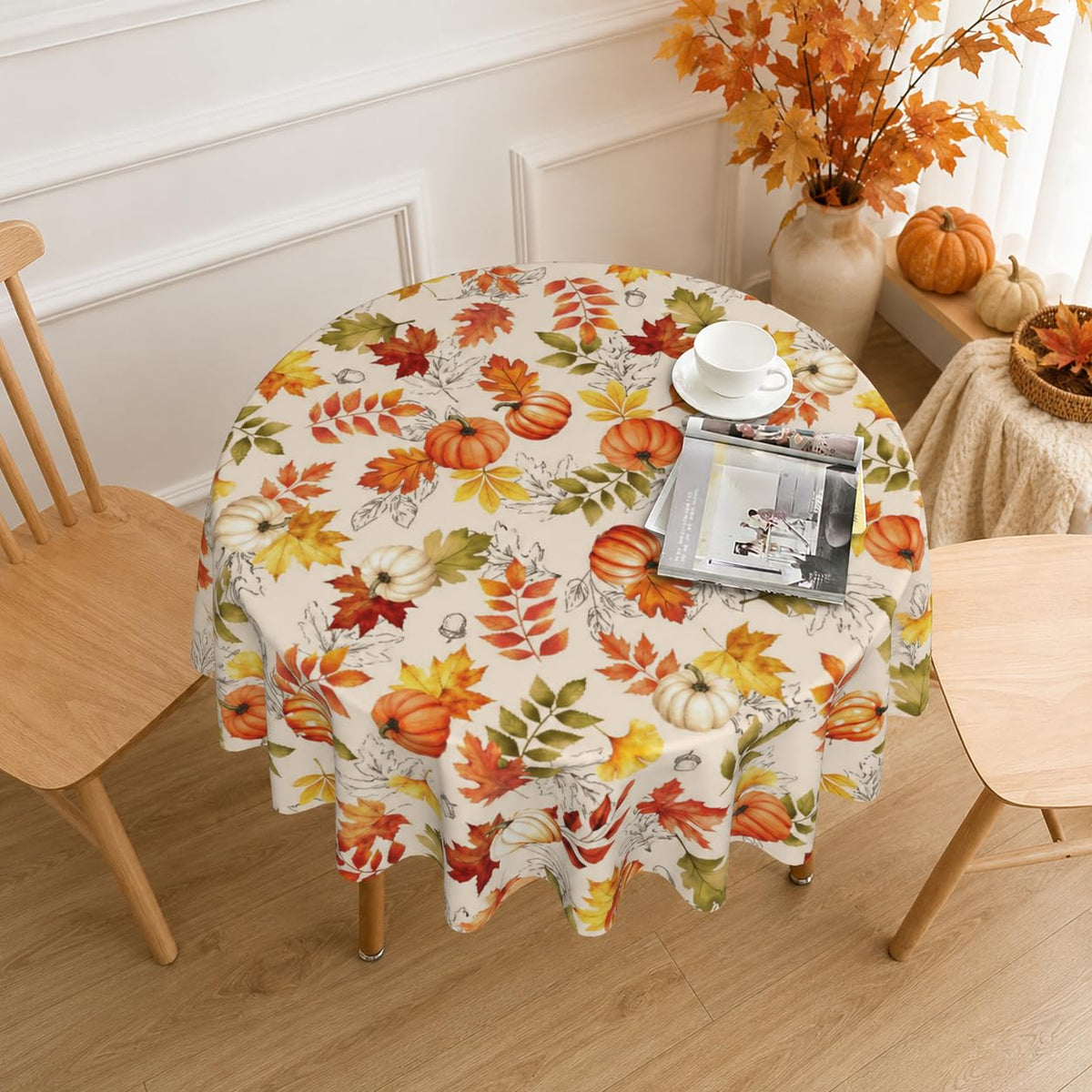 Soheioue Round Tablecloth, 60 Inch Diameter, Brown Autumn Design