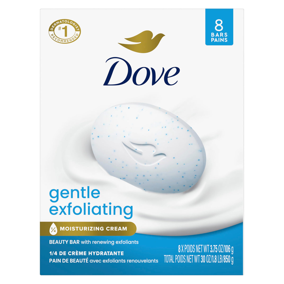 Gentle Exfoliating Beauty Bar Soap by Dove – 3.75 Ounce (Pack of 8), Blue, Pack of 8, Model 011111613393
