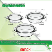 Simax Round Casserole Set, Borosilicate Glass, 0.75 Qt 1 Qt 1.5 Qt