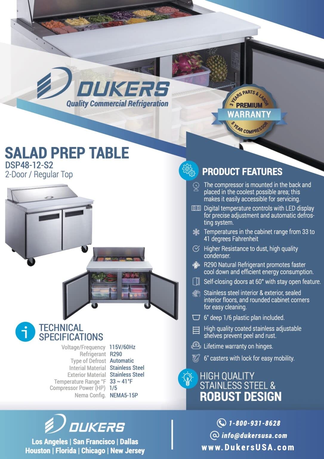 11.4 cu. ft. 2-Door Commercial Food Salad Sandwich Prep Table Refrigerator 48" inch by Dukers – medium, 11.47 cubic_feet, Stainless Steel, Model DSP48-12-S2