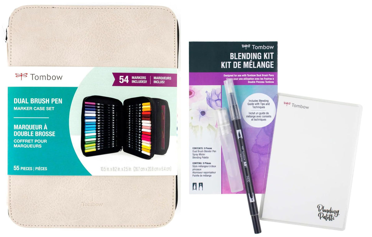 Art Marker Travel & Gift Set: 54 Color Dual Brush Pen Set with Zipper Marker Case (Oyster) - Includes Color Blending Palette Kit by Tombow – Model 56255, 56256, 56257