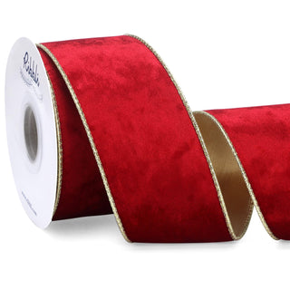 Ribbli Crushed Velvet Ribbon, 2.5 Inch Wide, 10 Yards, Red with Gold Metallic Back