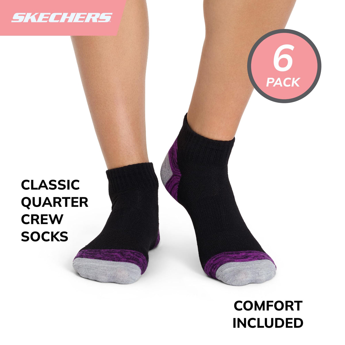 Women's 6-Pack Performance Quarter Crew Socks by Skechers – Cotton, Medium Grey, Pack of 6, Model S105706