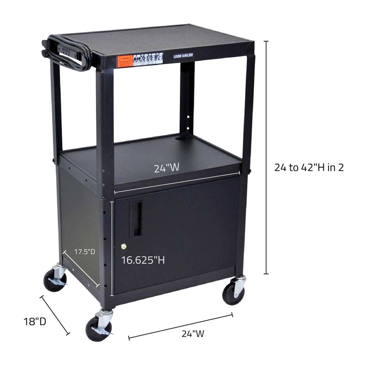 Multipurpose Adjustable Height Steel A/V Utility Cart with Cabinet - Black by Luxor – 24"W x 18"D x 24 to 42"H, Stainless Steel, Black, Model AVJ42C