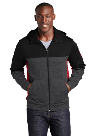 Unisex Tech Fleece Colorblock Full Zip Hooded Jacket by SPORT-TEK – 3X-Large, Polyester, Black/ Graphite Heather/ True Red, Model 904662