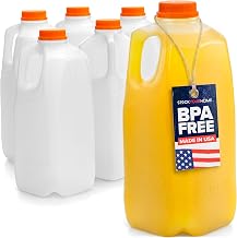 Stock Your Home Half Gallon Jugs, 64 oz, BPA-Free, Food-Grade, Made in USA | Set of 6, HDPE Plastic, Tamper Evident Caps, Freezer Safe, For Juice, Lemonade, Cider, Milk, Water