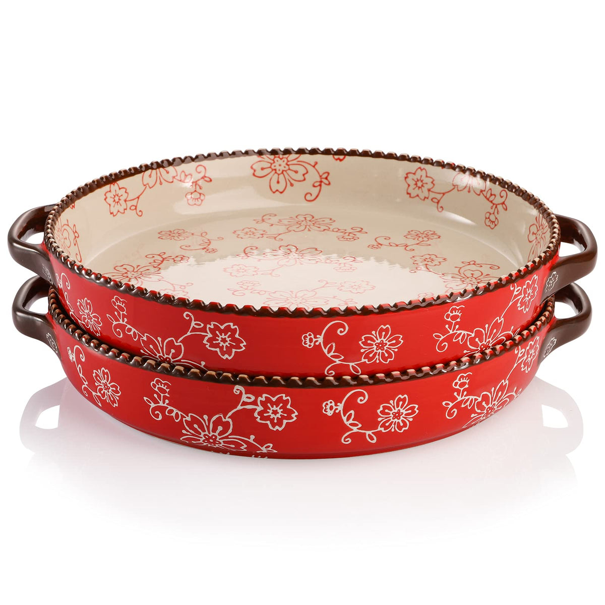 AVLA Ceramic Pie Pan Set, 9 Inch Round with Handles, 28 Ounce, Sakura Red