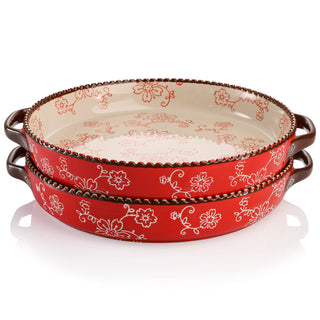 AVLA Ceramic Pie Pan Set, 9 Inch Round with Handles, 28 Ounce, Sakura Red