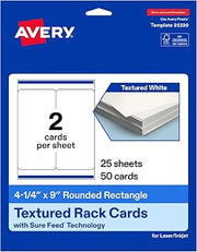 Avery Printable Rectangle Rounded Rack Cards, 4.25" x 9", Matte Textured White, Sure Feed Technology, Laser/Inkjet Compatible, 50 Total, Ideal for Packaging, Displays, and More