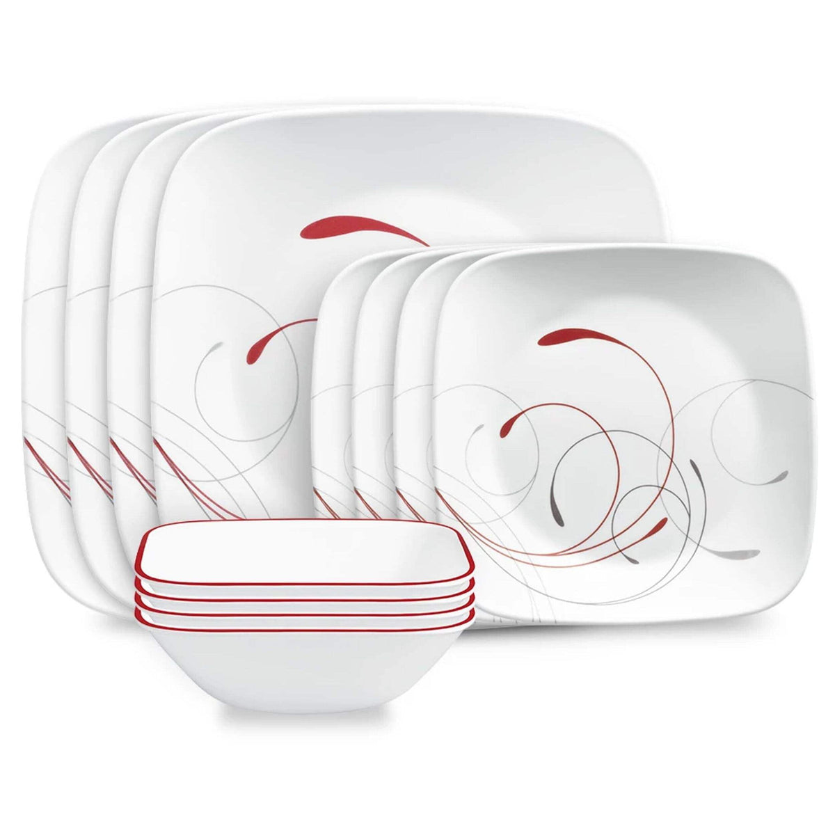 Square Splendor 12-Piece Dinnerware Set by Corelle – Glass, Gray, Pack of 12