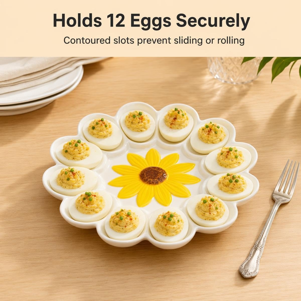 YU&CH Deviled Egg Plate, 12 Slots, White Sunflower