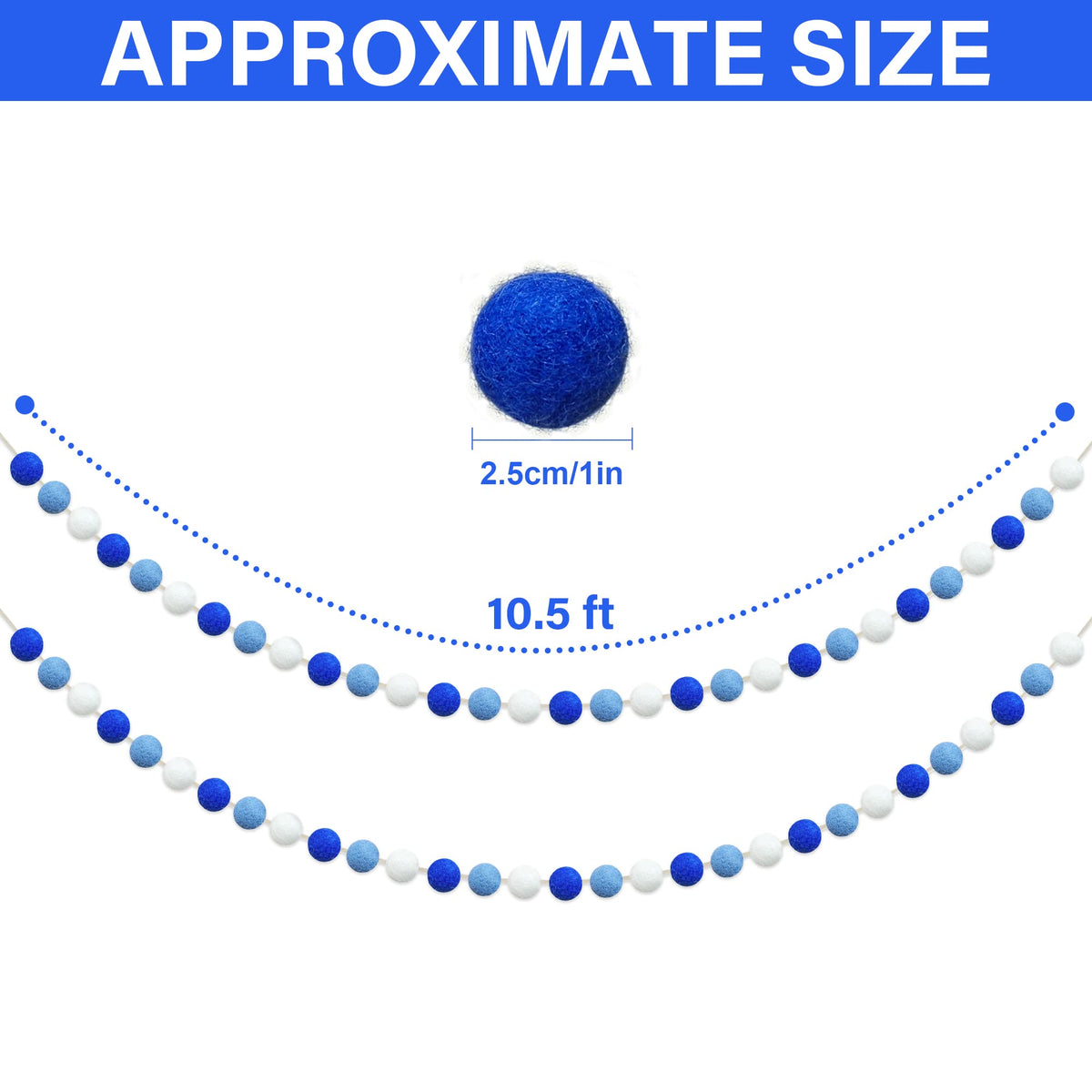 Partyprops Felt Ball Garland, 60 Balls, Blue Dark Blue White