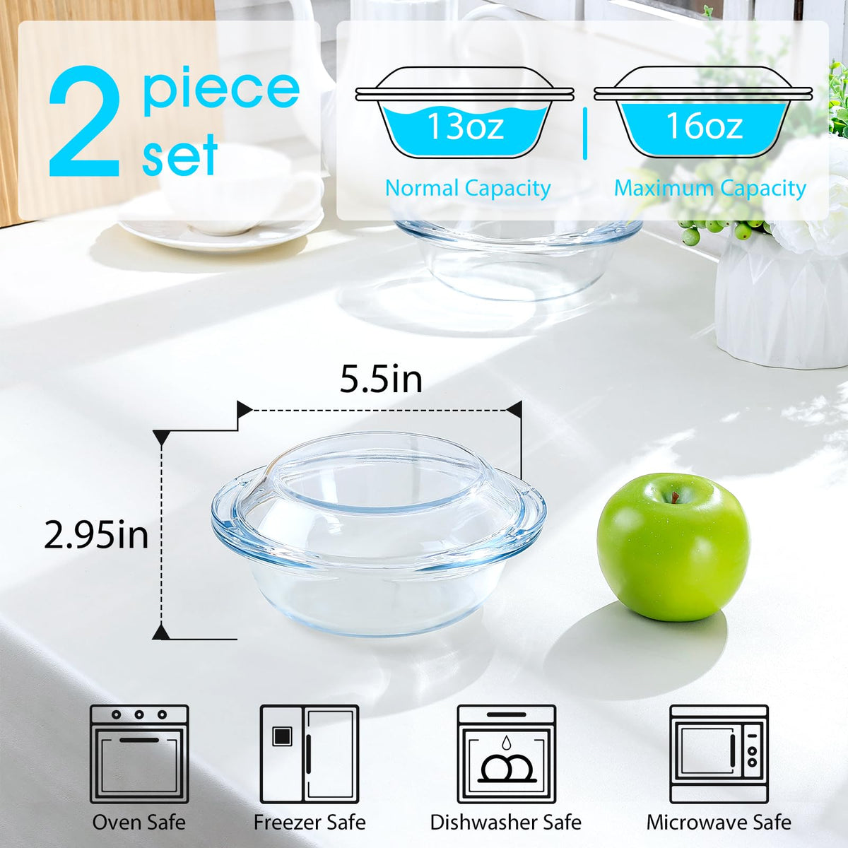 Nutriups Round Glass Casserole, 13oz with Lid and Handles, Clear