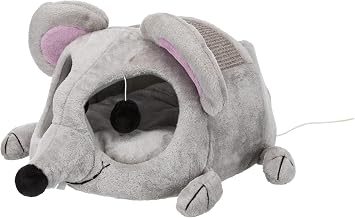 TRIXIE Lukas Cuddly Cave in Gray - Mouse-Shaped Cat Hideaway with Sisal Scratching Surface, Crinkle Ears & Interactive Cat Toys for Indoor Cats – Plush Condo, Removable Cush. 13.8" × 25.6" × 13", Gray