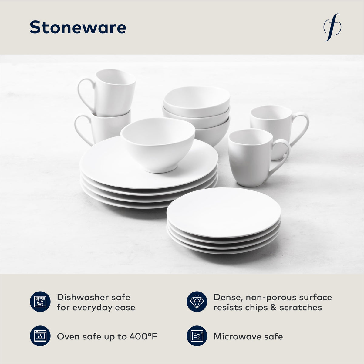 Heirloom Stoneware 16 Piece Dinnerware Set by Fortessa – Service for 4, Stoneware, Linen, Pack of 16, Model STN.8000.4.DSET
