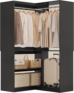 ONBRILL W5 Corner Closet System with Chrome-Plated Hanging Rods & Shelves | L Shaped Closet Organizer System, 15mm Thickened Side Panels, 32 x 32 Inch Wood Walk-in Closet for Corner Small Space, Black