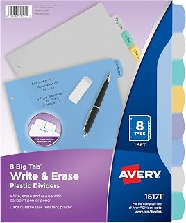 Avery Durable Write-On Plastic Dividers with Erasable Tabs,11" x 8 1/2", Multicolor, 8 Tabs