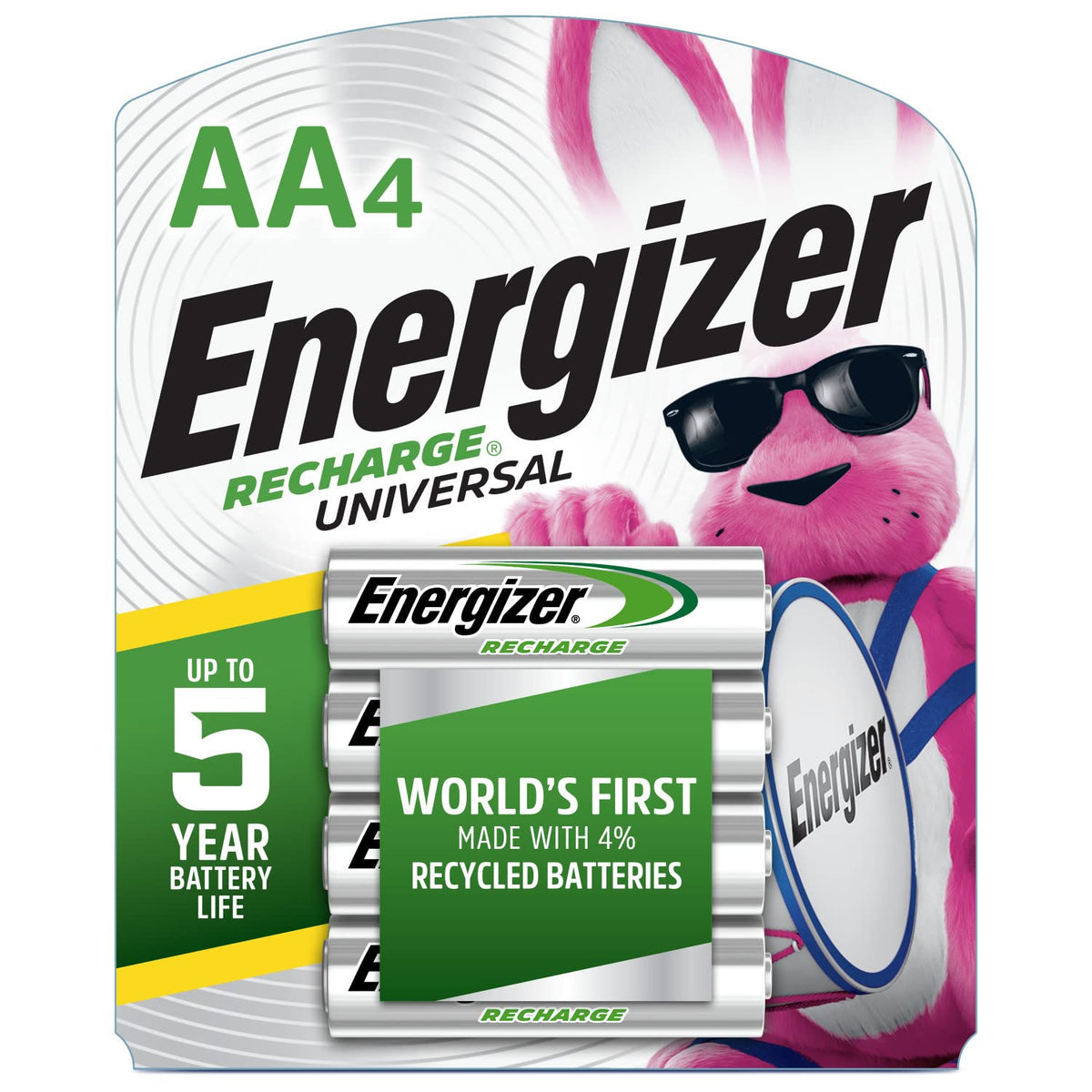 Rechargeable AA Batteries by Energizer – 4 count, Silver, Pack of 4, Model E001170607