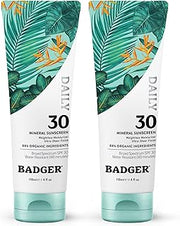 Badger Mineral Daily Sunscreen SPF 30, Zinc Oxide, Organic, 4 oz (2-Pack) | Lightweight, No White Cast, Moisturizing, Organic, Reef Safe, Vegan Unscented, Daily mineral sunscreen, Easy apply sunscreen