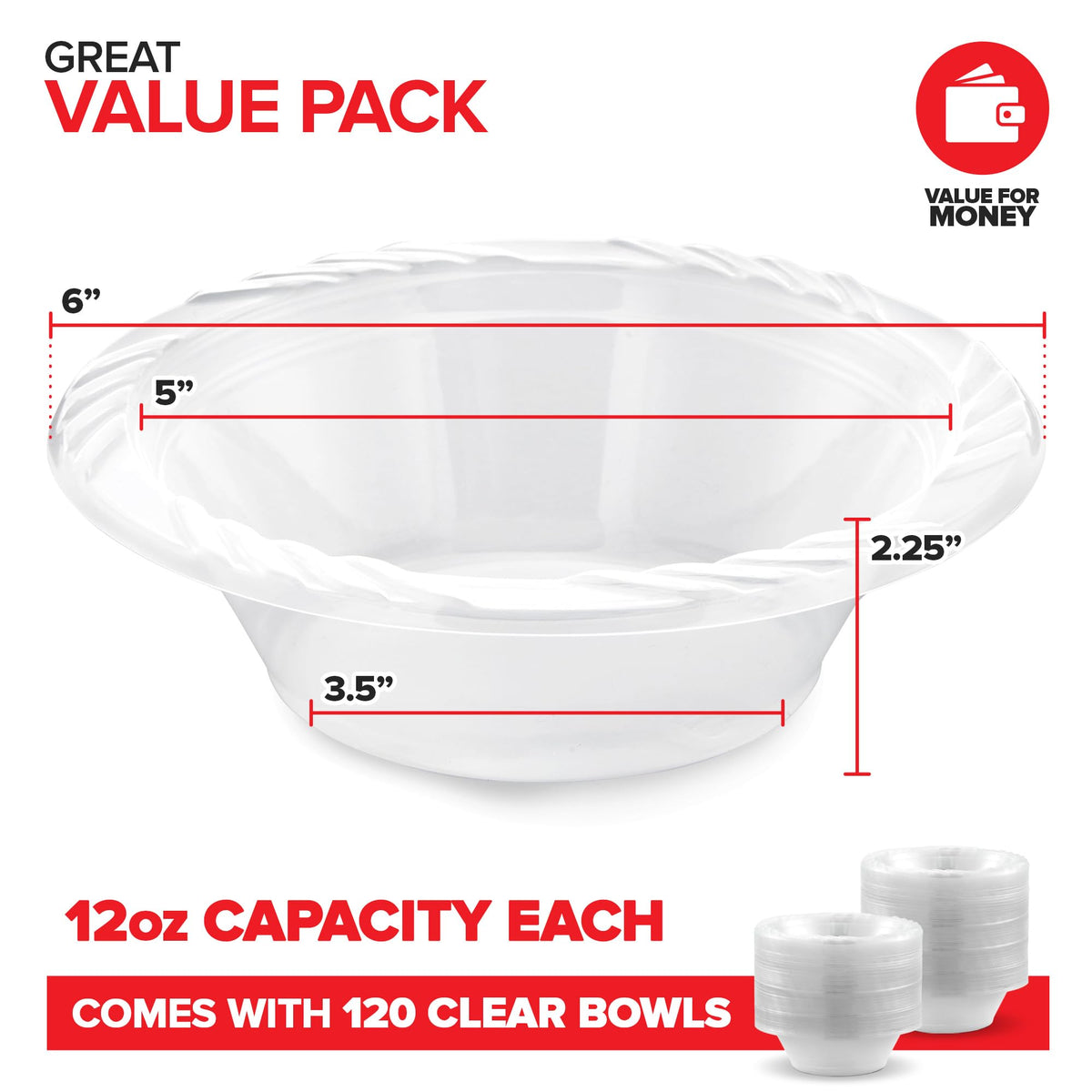 120 Pack 12 oz Elegant Clear Plastic Bowls for Parties Small Disposable Bowl for Fancy Dinner or Cocktail Party by Stock Your Home – 12 oz Bowl, 12.0 ounces, Plastic, Clear