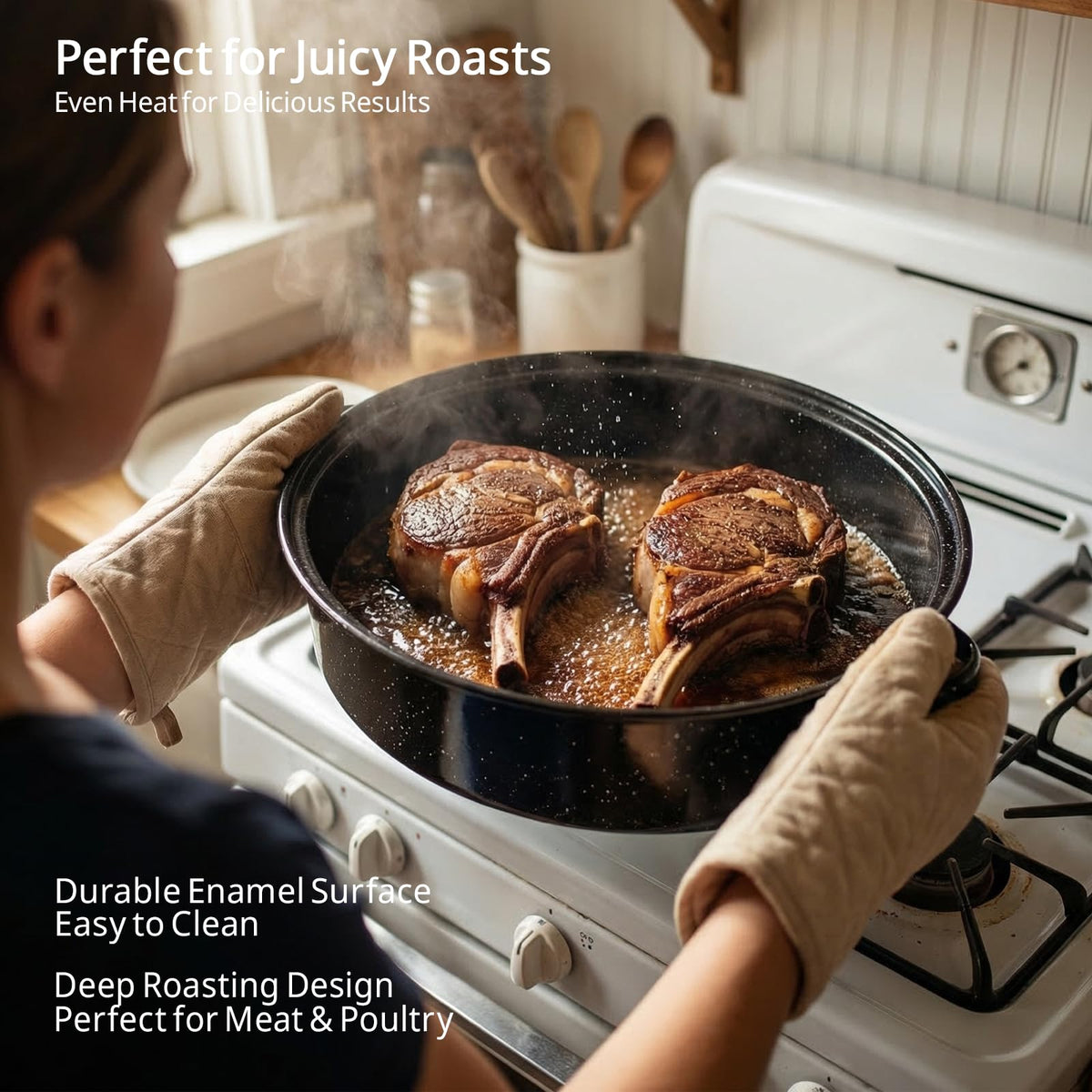 Yammi Tree Oval Roasting Pan with Lid and Rack, 18 Inch, Black
