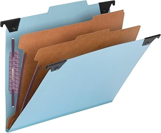 SMEAD FasTab Hanging Pressboard Classification Folder with SafeSHIELD Fastener, 2 Dividers, 2/5-Cut Built-in Tab, Letter Size, Blue, 10 per Box (65115)