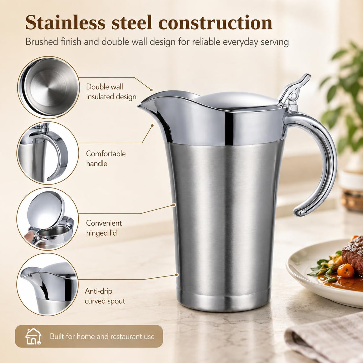 Nimbloom Insulated Gravy Boat, 27 oz Double Wall Stainless Steel, Silver 2 Pack